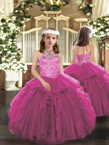 Sleeveless Floor Length Beading and Ruffles Lace Up Little Girl Pageant Gowns with Fuchsia