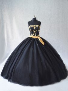 Designer Black Tulle Lace Up Strapless Sleeveless Floor Length Sweet 16 Dresses Appliques