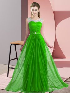 Designer Green Empire Chiffon Scoop Sleeveless Beading Floor Length Lace Up Dama Dress for Quinceanera