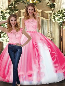 Fashion Two Pieces Quinceanera Dresses Hot Pink Scoop Tulle Sleeveless Floor Length Clasp Handle