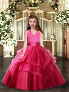 Sleeveless Floor Length Ruffled Layers Lace Up Child Pageant Dress with Hot Pink