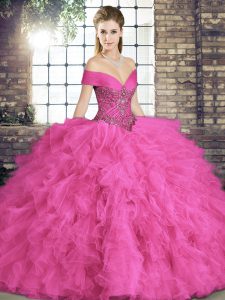 Ball Gowns Sweet 16 Quinceanera Dress Hot Pink Off The Shoulder Tulle Sleeveless Floor Length Lace Up