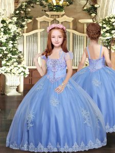 Straps Sleeveless Tulle Kids Formal Wear Appliques Lace Up