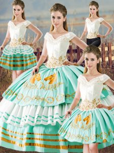 Satin V-neck Sleeveless Lace Up Embroidery and Ruffled Layers Quinceanera Gown in Apple Green