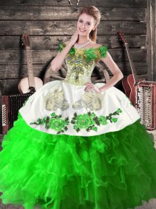 Green Organza Lace Up Off The Shoulder Sleeveless Floor Length Quinceanera Dress Embroidery and Ruffles