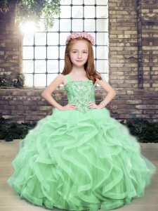 Cheap Apple Green Organza and Tulle Lace Up Little Girl Pageant Dress Sleeveless Floor Length Beading and Ruffles