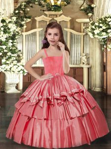 Custom Designed Floor Length Coral Red Little Girls Pageant Dress Taffeta Sleeveless Ruffled Layers