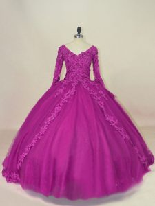 Stylish Fuchsia 15 Quinceanera Dress Sweet 16 and Quinceanera with Lace and Appliques V-neck Long Sleeves Lace Up