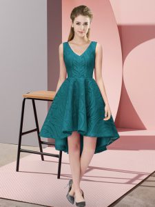 Teal A-line Lace Damas Dress Zipper Lace Sleeveless High Low