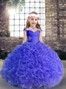 Excellent Purple Ball Gowns Straps Sleeveless Fabric With Rolling Flowers Floor Length Lace Up Beading and Ruching Little Girls Pageant Dress Wholesale