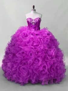 Attractive Sleeveless Organza and Fabric With Rolling Flowers Floor Length Lace Up Quinceanera Gowns in Purple with Sequins