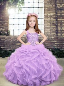 Floor Length Lavender Little Girls Pageant Gowns Straps Sleeveless Lace Up