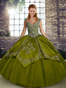 Sleeveless Floor Length Beading and Embroidery Lace Up Sweet 16 Dresses with Olive Green