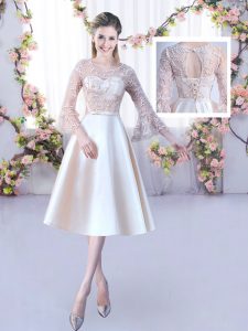 Popular Champagne 3 4 Length Sleeve Lace and Belt Tea Length Vestidos de Damas