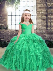 Turquoise Straps Neckline Beading and Ruffles Child Pageant Dress Long Sleeves Lace Up