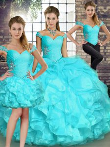 Floor Length Aqua Blue Sweet 16 Dresses Off The Shoulder Sleeveless Lace Up