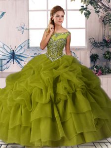 Olive Green Scoop Neckline Beading and Pick Ups Vestidos de Quinceanera Sleeveless Zipper