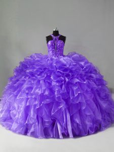 Lovely Lavender Halter Top Zipper Beading and Ruffles 15th Birthday Dress Brush Train Sleeveless