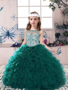 Floor Length Lace Up Evening Gowns Peacock Green for Party and Wedding Party with Beading and Ruffles