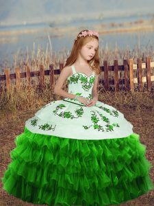 Ball Gowns Embroidery and Ruffled Layers Kids Formal Wear Lace Up Organza Sleeveless Floor Length