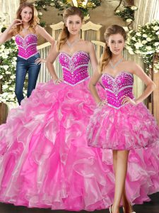 Superior Rose Pink Ball Gowns Sweetheart Sleeveless Organza Floor Length Lace Up Beading and Ruffles Quinceanera Gowns