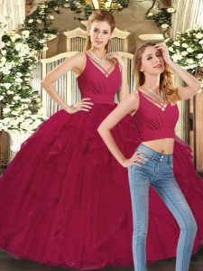 Low Price Floor Length Red Vestidos de Quinceanera Tulle Sleeveless Ruffles