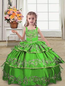 Dazzling Green Little Girls Pageant Dress Wholesale Wedding Party with Embroidery and Ruffled Layers Straps Sleeveless Lace Up