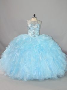 Trendy Floor Length Ball Gowns Sleeveless Blue Quinceanera Gown Lace Up