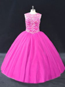 Cute Fuchsia Quinceanera Gown Sweet 16 and Quinceanera with Beading Scoop Sleeveless Lace Up