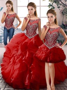 Sleeveless Floor Length Beading and Ruffles Lace Up 15th Birthday Dress with Red