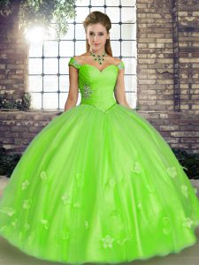Colorful Off The Shoulder Lace Up Beading and Appliques Ball Gown Prom Dress Sleeveless