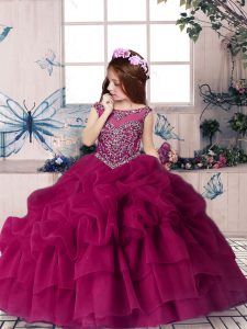 Fuchsia Lace Up Scoop Beading and Pick Ups Little Girl Pageant Dress Organza Sleeveless