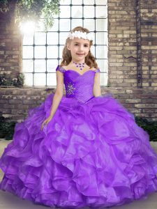 Floor Length Lavender Little Girls Pageant Dress Wholesale Straps Sleeveless Lace Up