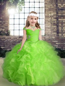 Straps Sleeveless Organza Pageant Gowns For Girls Beading and Ruffles Lace Up