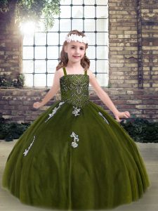 Child Pageant Dress Olive Green Strapless Tulle Sleeveless Floor Length Lace Up