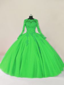 Edgy Green Tulle Zipper Ball Gown Prom Dress Long Sleeves Floor Length Lace