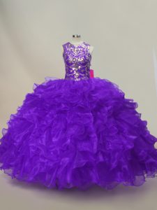 Exquisite Sleeveless Organza Floor Length Lace Up Quinceanera Gown in Purple with Ruffles and Sequins