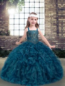 Superior Teal Sleeveless Floor Length Beading and Ruffles Lace Up Little Girls Pageant Dress Wholesale