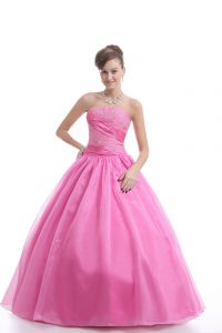 Nice Ball Gowns Sweet 16 Dresses Rose Pink Strapless Organza Sleeveless Floor Length Lace Up