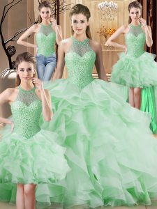 Best Selling Apple Green 15th Birthday Dress Sweet 16 with Beading and Ruffles Halter Top Sleeveless Brush Train Lace Up