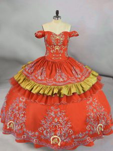 Traditional Orange Red Sleeveless Satin Lace Up Quinceanera Dresses for Sweet 16 and Quinceanera