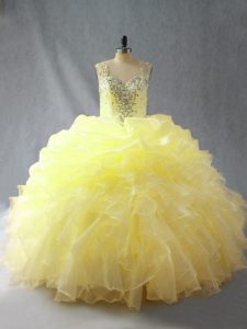 Custom Made Yellow Zipper Straps Beading and Ruffles Sweet 16 Quinceanera Dress Organza Sleeveless