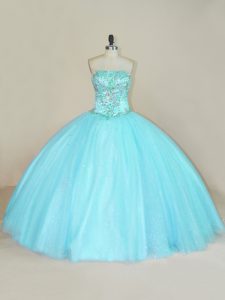 High Quality Tulle Strapless Sleeveless Lace Up Beading Quinceanera Gown in Aqua Blue