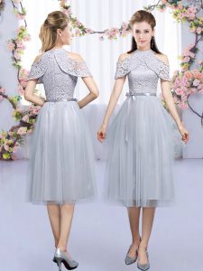 Grey Sleeveless Tulle Zipper Dama Dress for Wedding Party