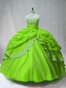 Modest Long Sleeves Organza Floor Length Lace Up Quinceanera Dresses in Green with Beading and Appliques and Pick Ups