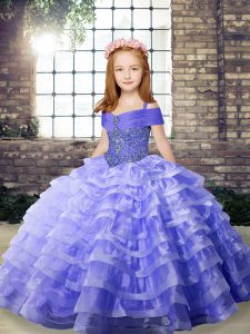 Lavender Sleeveless Beading and Ruffled Layers Lace Up Girls Pageant Dresses