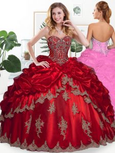 Floor Length Wine Red Ball Gown Prom Dress Organza Sleeveless Beading and Appliques and Pick Ups