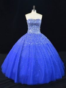 Tulle Strapless Sleeveless Lace Up Beading Vestidos de Quinceanera in Royal Blue