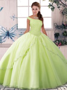 Fashion Yellow Green Sleeveless Brush Train Beading Sweet 16 Dress