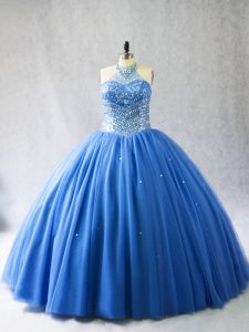 Blue 15 Quinceanera Dress Sweet 16 and Quinceanera with Beading Halter Top Sleeveless Brush Train Lace Up